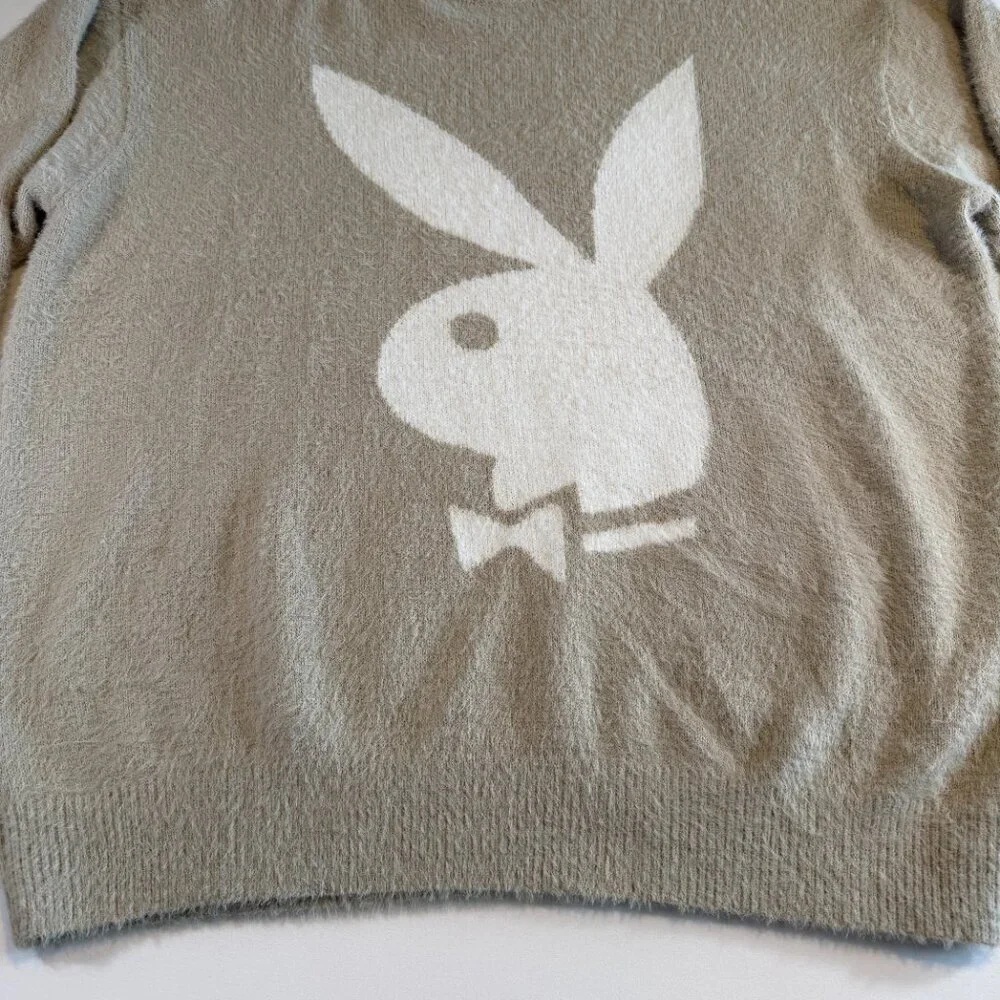 PLAYBOY Fuzzy Bunny Head PacSun Crew Neck Sweater Tan Beige XL